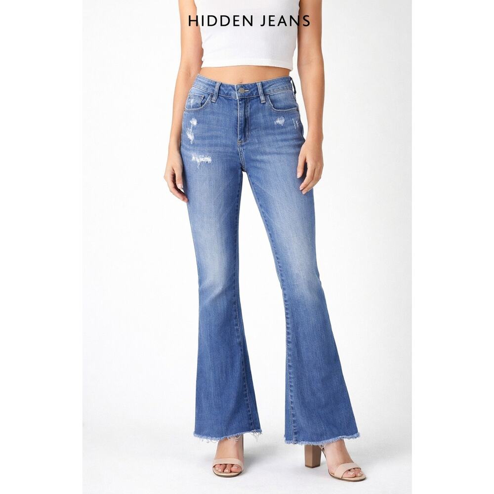 Hidden Jeans Size 28 Flare Leg Distressed Raw Hem Stretch Denim Blue